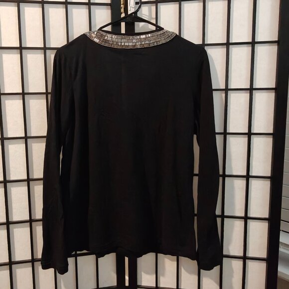 Tory Burch Black Beaded Collar Long Sleeve Top 100% Cotton Dressy Casual- Size L - Picture 2 of 7